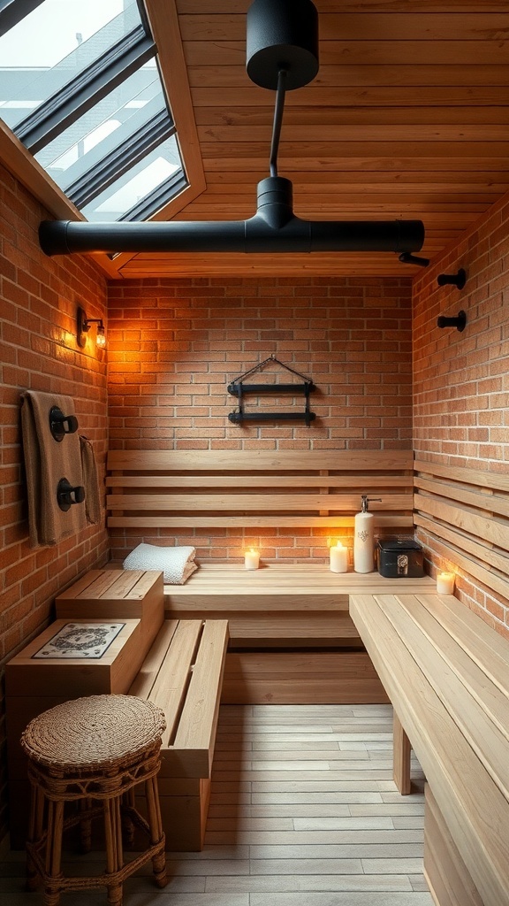 A modern industrial sauna with large windows, exposed brick walls, and cozy seating.