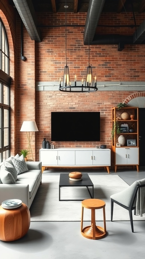 A modern industrial living room featuring a brick wall, stylish furniture, and warm lighting.
