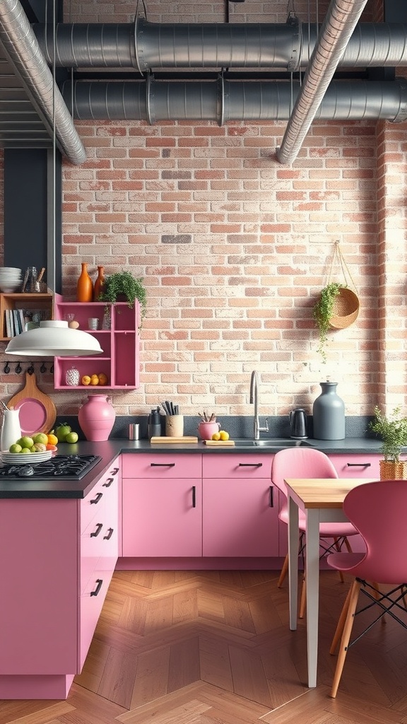 A modern kitchen featuring pink cabinets, black countertops, and exposed brick walls.