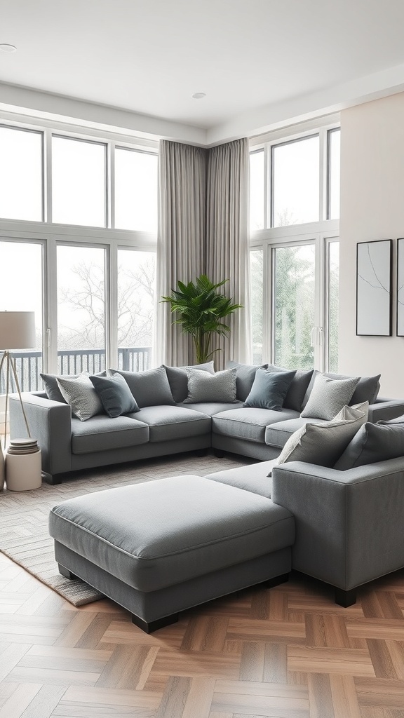 A modern minimalist living room featuring a grey sofa with accent pillows, large windows, and a plant.