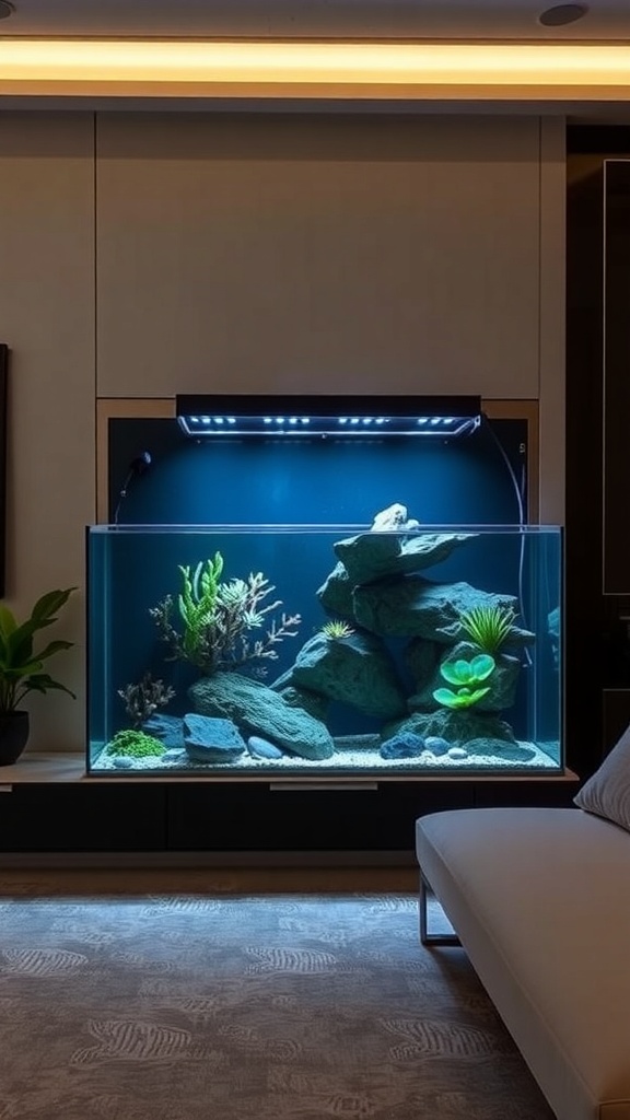 A modern minimalist aquarium with vibrant plants and rocks, illuminated by overhead lighting.