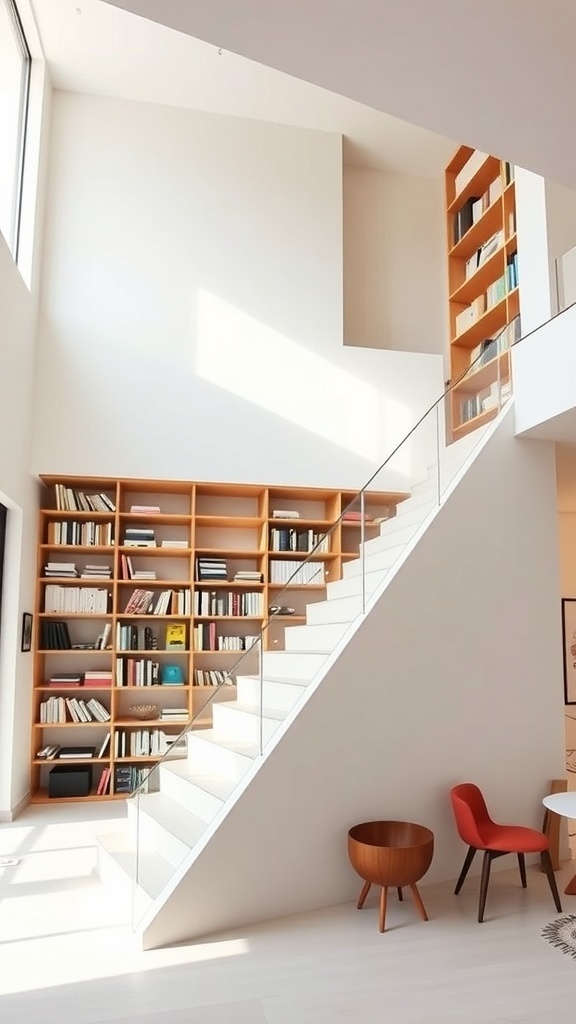 A modern minimalist bookshelf staircase with wooden shelves and a sleek white staircase.