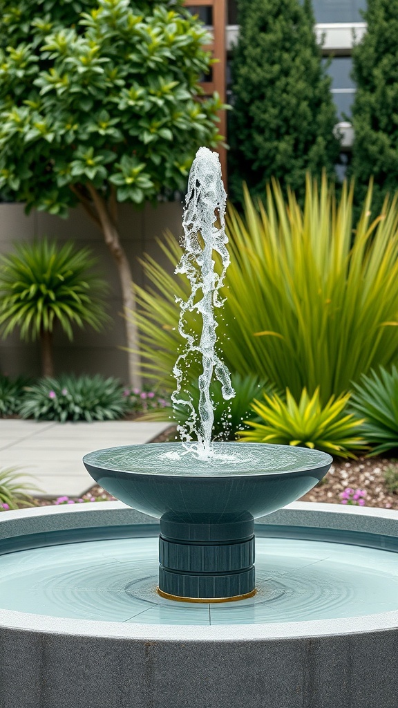 A modern minimalist garden fountain with two bowls, surrounded by lush greenery and colorful plants.