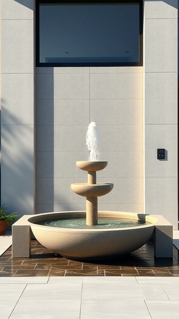 A modern minimalist fountain with a tiered design in a round basin, set against a sleek wall.