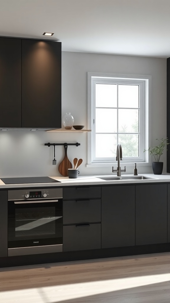 A modern minimalist kitchen featuring black cabinets, open shelving, and natural light.