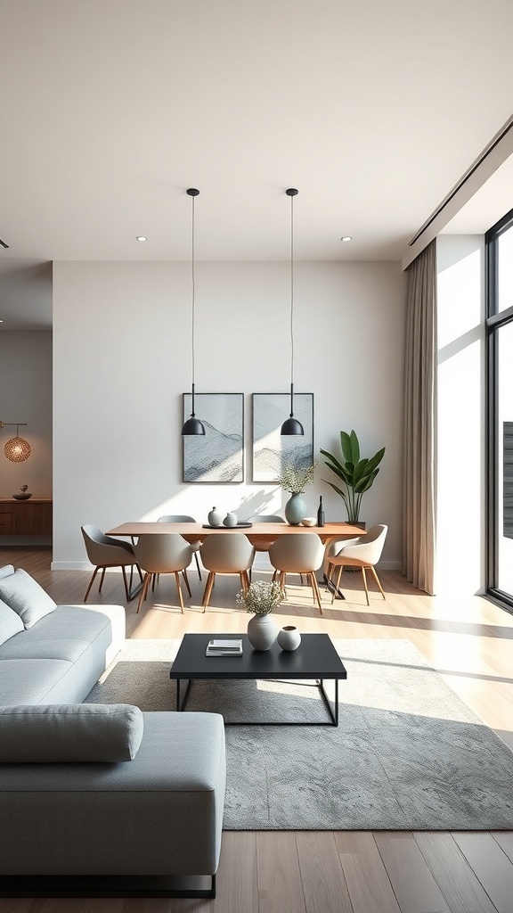 A modern minimalist living room and dining room combo featuring a light-filled space with a sofa, dining table, and decorative elements.
