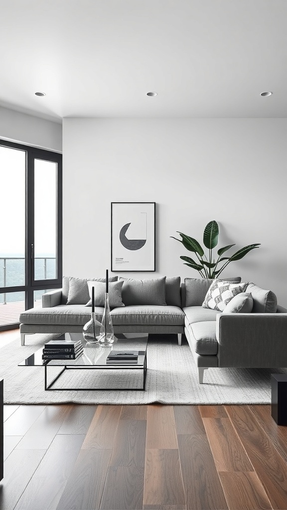 Modern minimalist living room with a grey sofa, beige rug, and natural light.