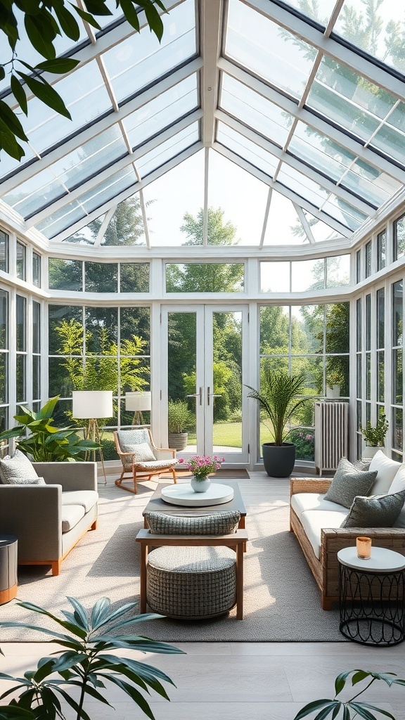 A modern minimalist conservatory with large glass windows, comfortable seating, and greenery.