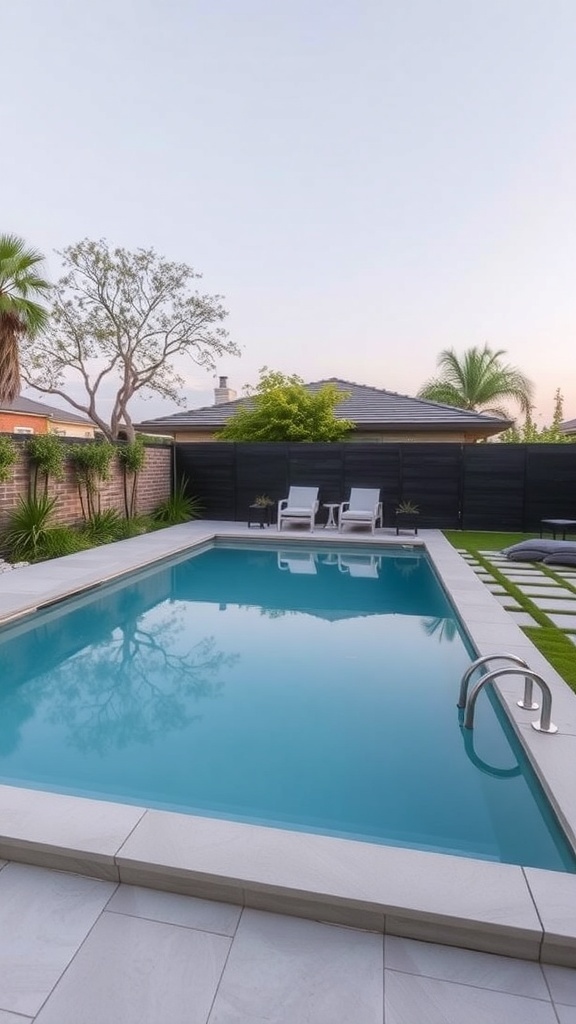 A modern sunken above-ground pool surrounded by a minimalist landscape with lounge chairs and greenery.
