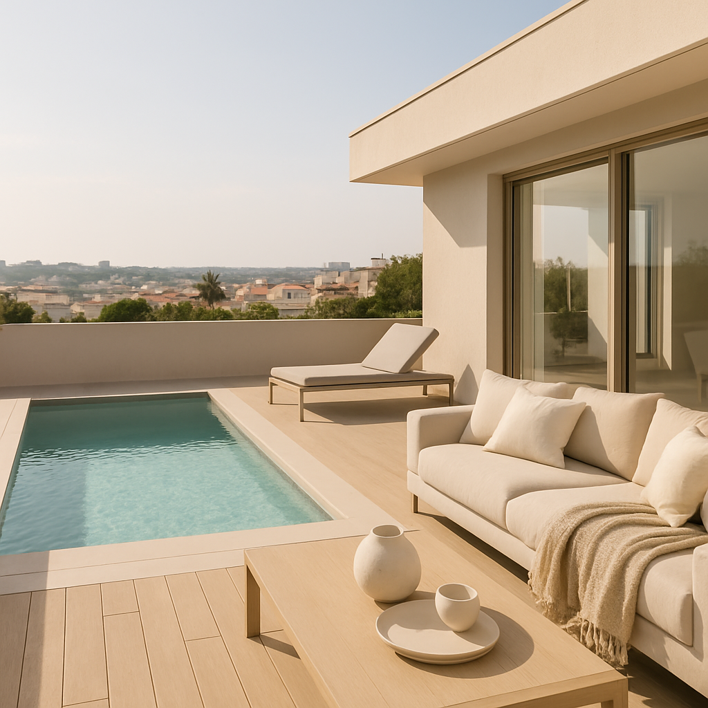 Ein moderner minimalistischer Pool mit klaren Linien, umgeben von einer stilvollen Terrasse und einer schönen Aussicht.