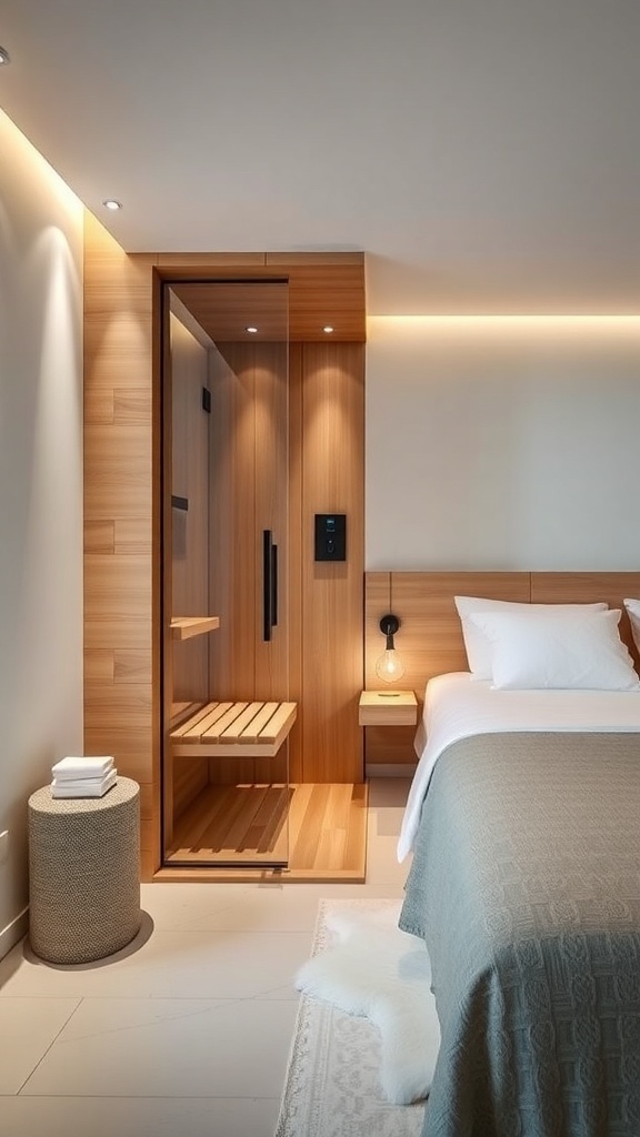 A modern minimalist sauna bedroom featuring a wooden sauna, a cozy bed, and large windows.
