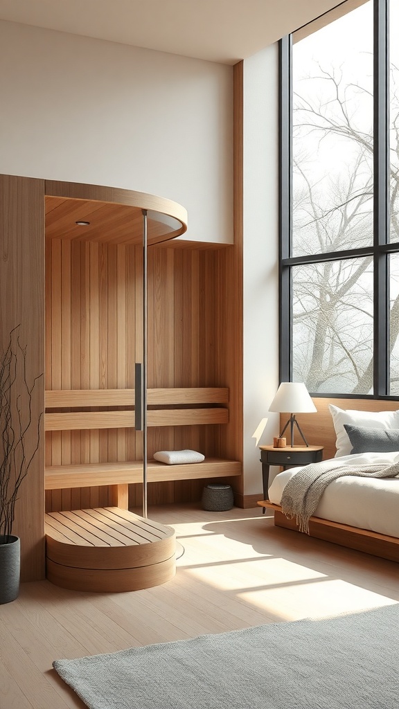 A modern minimalist sauna retreat featuring a wooden sauna, large windows, and a cozy bedroom area.