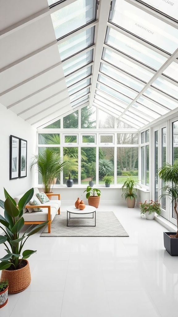 A modern minimalist conservatory with large windows, a white sofa, and potted plants.