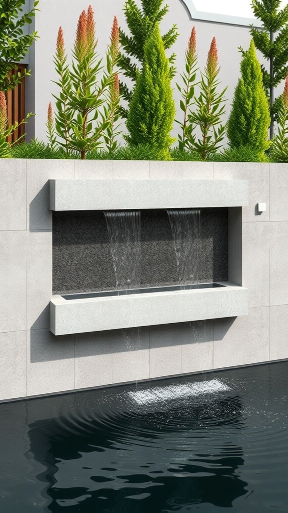 A modern minimalist wall fountain with a sleek design and warm stone tones, surrounded by greenery.
