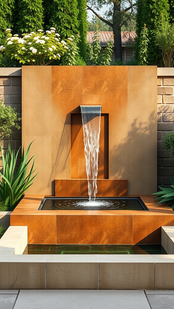 A modern minimalist wall fountain with water cascading down into a square basin, surrounded by green plants.