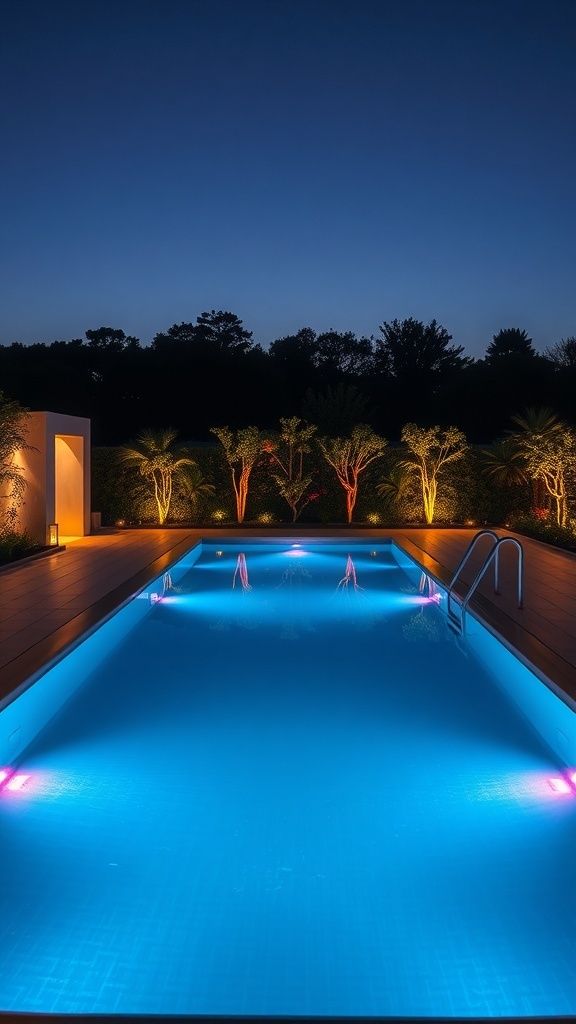 A modern rectangular swimming pool with LED lighting at night, surrounded by lush greenery.