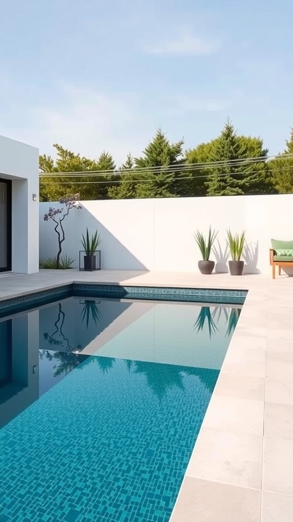 Modern rectangular swimming pool with sleek lines and blue tiles, surrounded by a patio and potted plants.