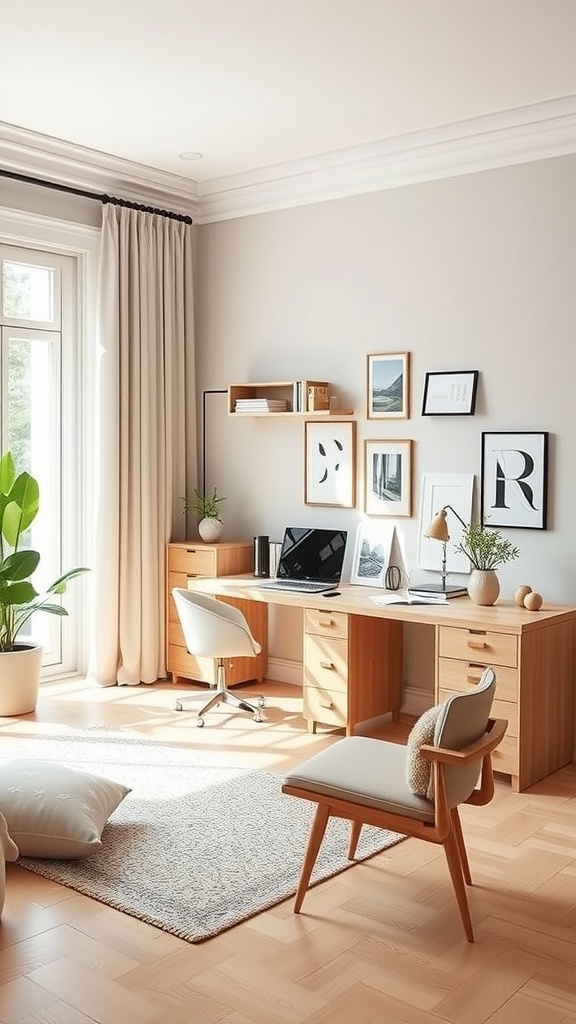 A modern Scandinavian home office with natural light, wooden furniture, and plants.