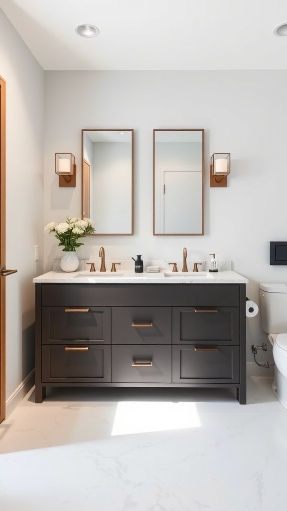Modern bathroom vanity with dark wood and light countertop, featuring dual mirrors and stylish fixtures.