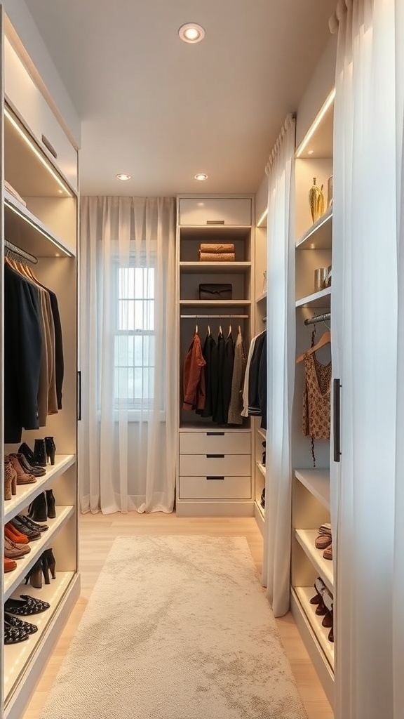 Modern walk-in closet with LED lighting, featuring organized shoe racks and stylish decor.