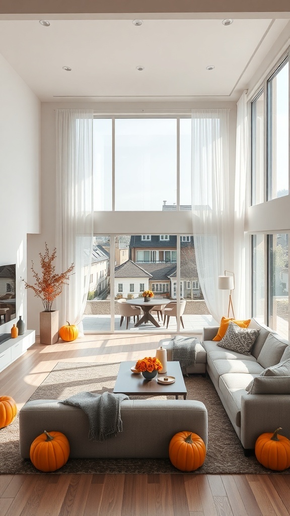 Helles Wohnzimmer mit moderner Couch, herbstlichen Dekorationen und großen Fenstern
