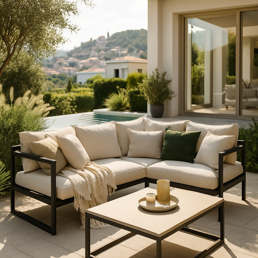 Moderne Aluminium-Lounge mit Komfortpolstern und einem Tisch, umgeben von einer schönen Gartenlandschaft.