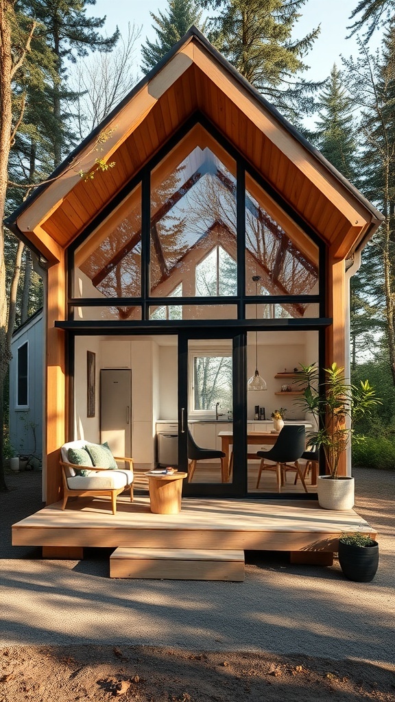 Ein modernes Tiny House mit großen Fenstern und Holzverkleidung, umgeben von Bäumen.