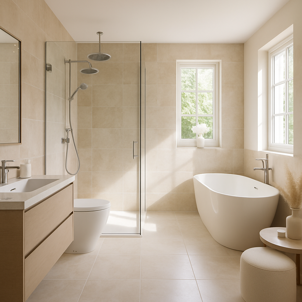 Modernes Badezimmer mit Regenduschkopf, freistehender Badewanne und hellen Fliesen