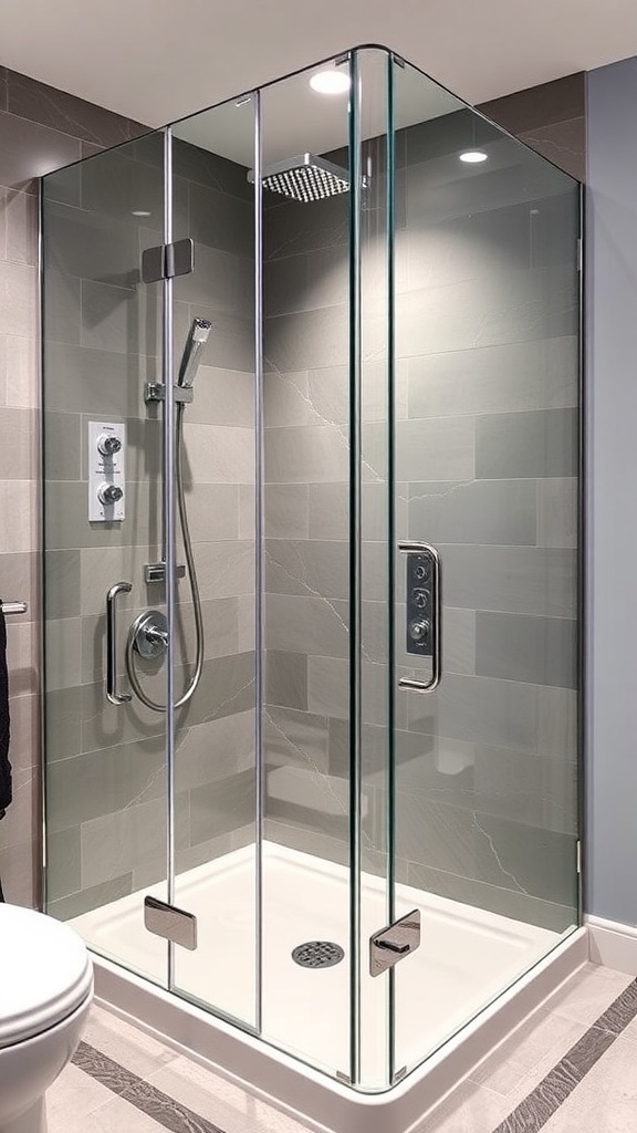Moderne Dusche mit marmorierten Fliesen und Glasabtrennung