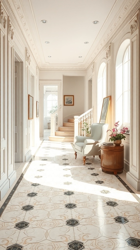 Eleganter Flur mit modernen Fliesenmustern und stilvollen Möbeln