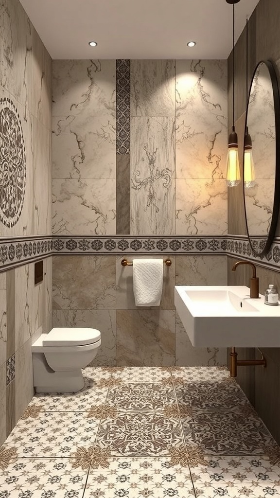 Modernes Badezimmer mit stilvollem Fliesenmuster und freistehender Badewanne