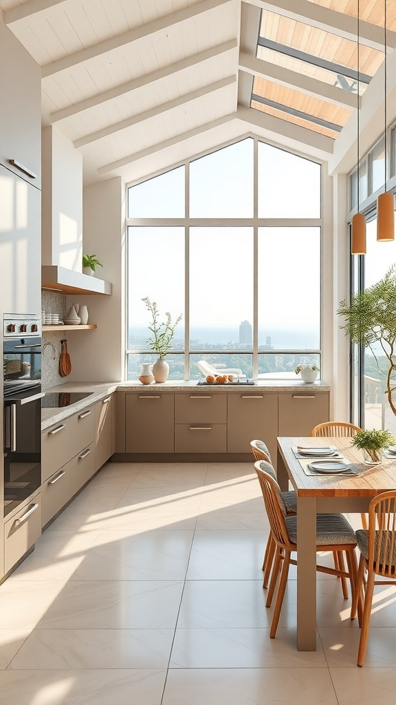 Moderne Küche mit großen Fenstern und hellem Design
