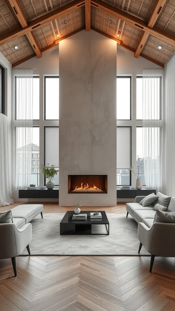 Moderne Wohnzimmer mit Kamin, großen Fenstern und stilvollen Möbeln