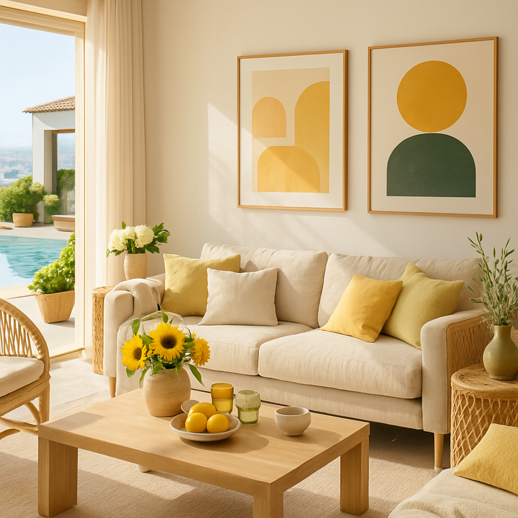 Helle Wohnlandschaft mit modernen Kunstwerken, Sofa und Sonnenblumen