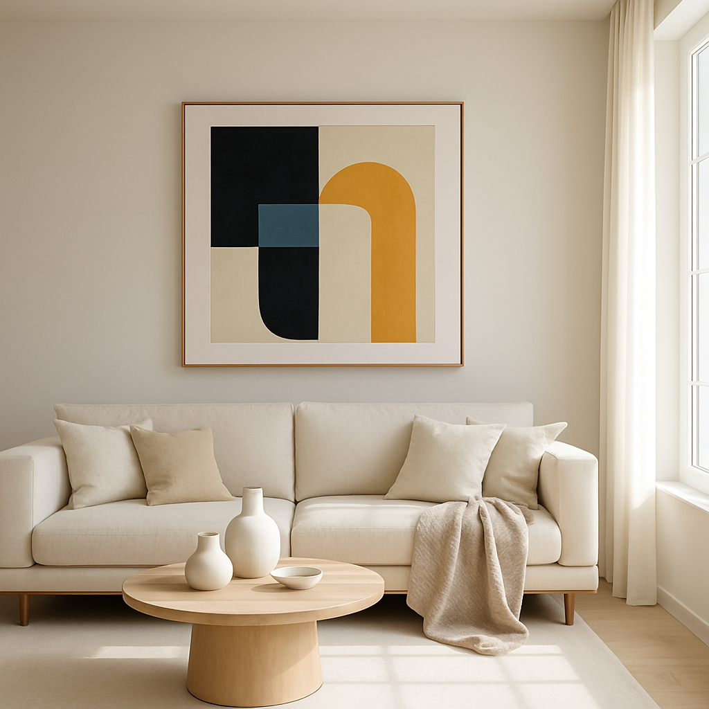 Ein modernes geometrisches Kunstwerk über einem hellen Sofa in einem minimalistischen Wohnzimmer.