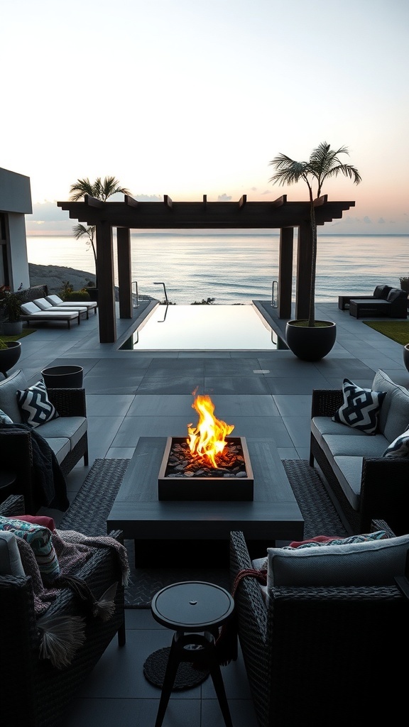 Moderne Lounge-Ecke mit Feuerstelle und Blick auf das Wasser