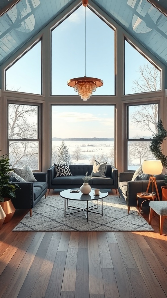 Moderne Möbel im Wintergarten mit großen Fenstern und Blick auf die Natur