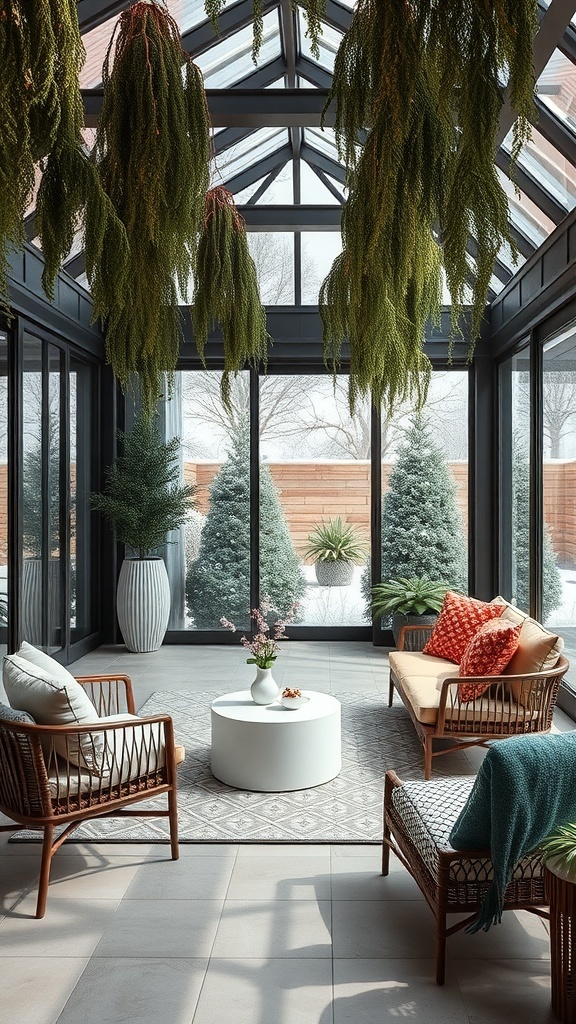 Moderner Wintergarten mit stilvollen Möbeln, großen Fenstern und Pflanzen