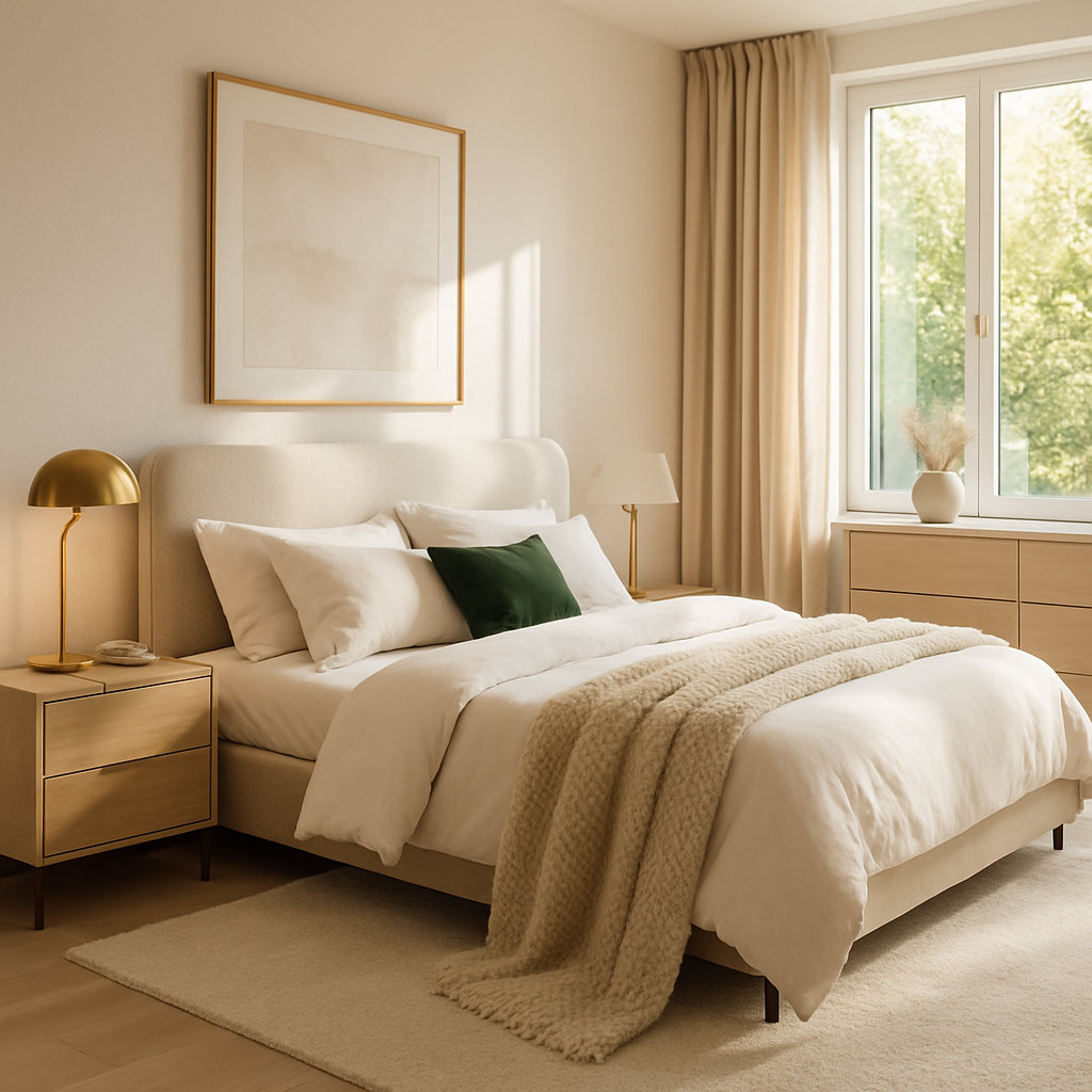 Modernes Schlafzimmer mit gepolstertem Bett, Holz-Nachttischen und großen Fenstern