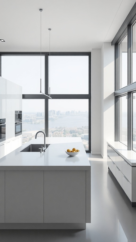 Moderne minimalistische Küche mit großen Fenstern und einem zentralen Küchenblock