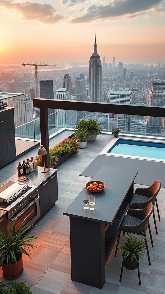 Moderne Outdoor-Küche auf einer Dachterrasse mit Blick auf die Skyline, inklusive Grill, Sitzgelegenheiten und Pflanzen.