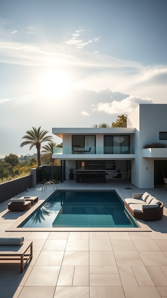 Moderne Poolterrasse mit einem klaren Pool, eleganten Liegen und einem minimalistischen Design