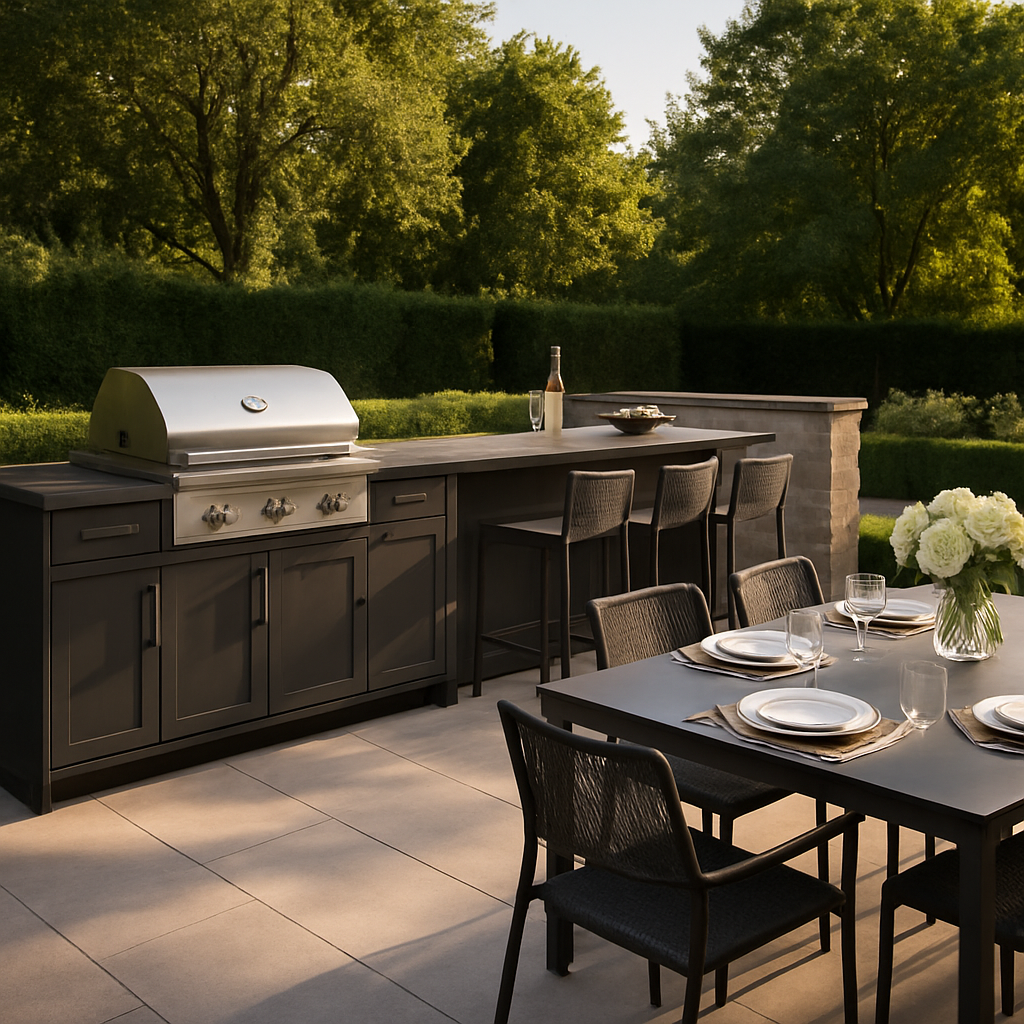 Moderne Terrassenküche mit Grill, Essbereich und Blick auf den Pool