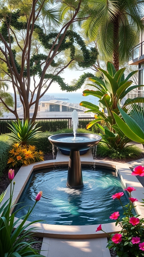 Ein moderner Brunnen in einem Garten, umgeben von Pflanzen und Blumen.