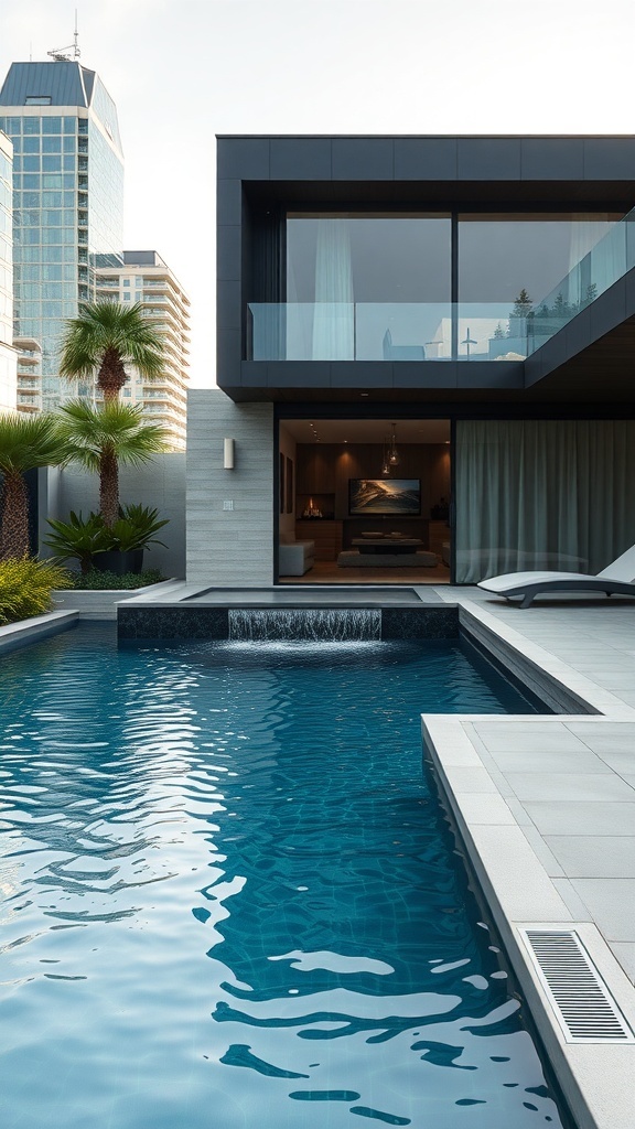 Moderner Pool mit Wasserfall und stilvollem Haus im Hintergrund