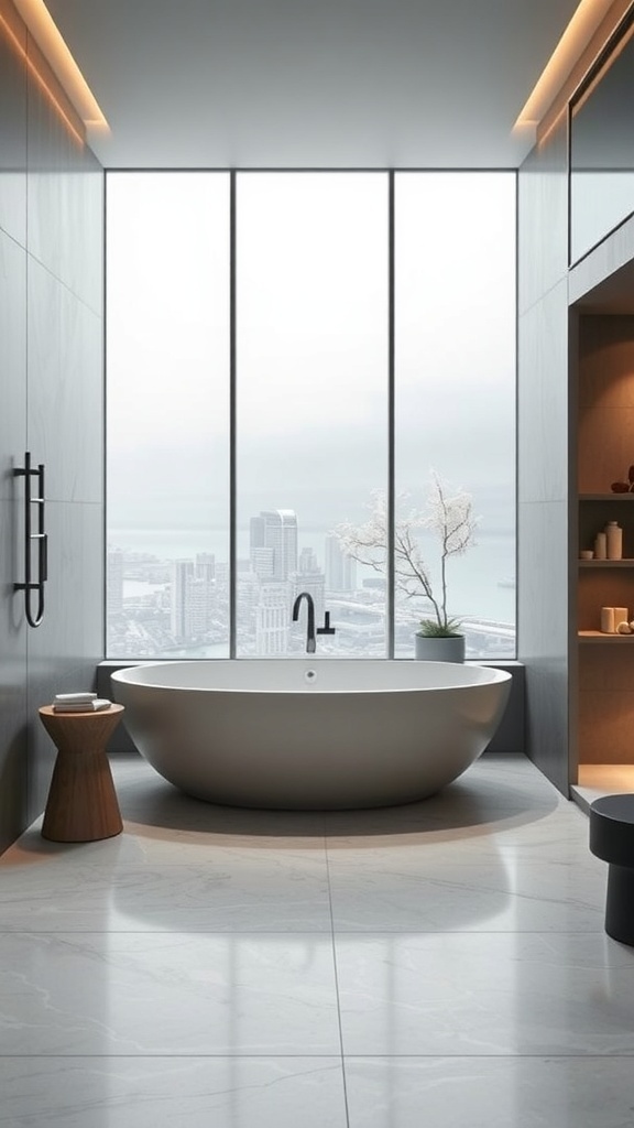 Modernes Spa-Badezimmer mit freistehender Badewanne und Blick auf die Stadt