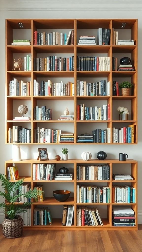 A modular bookshelf with wooden finish, displaying books and decorative items.