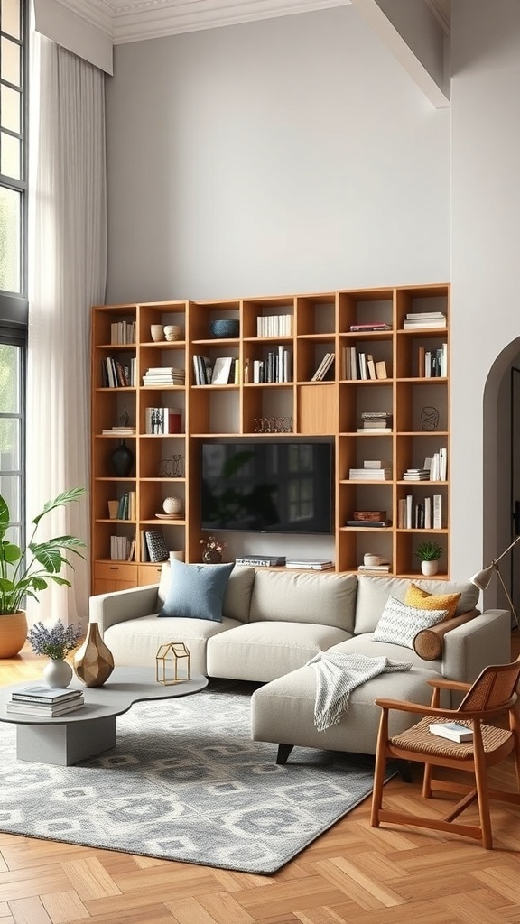 A modern living room featuring a modular bookshelf system with books and decorative items.