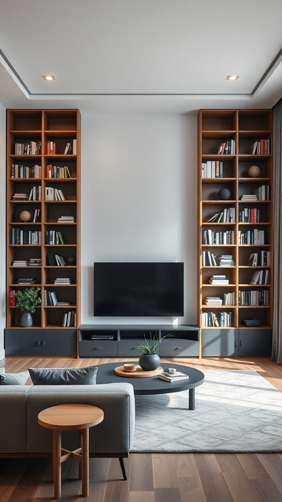 A modern living room featuring modular bookshelf units on either side of a TV, showcasing books and decorative items.