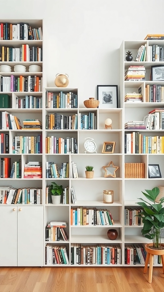 A stylish modular bookshelf arrangement with books and decorative items.